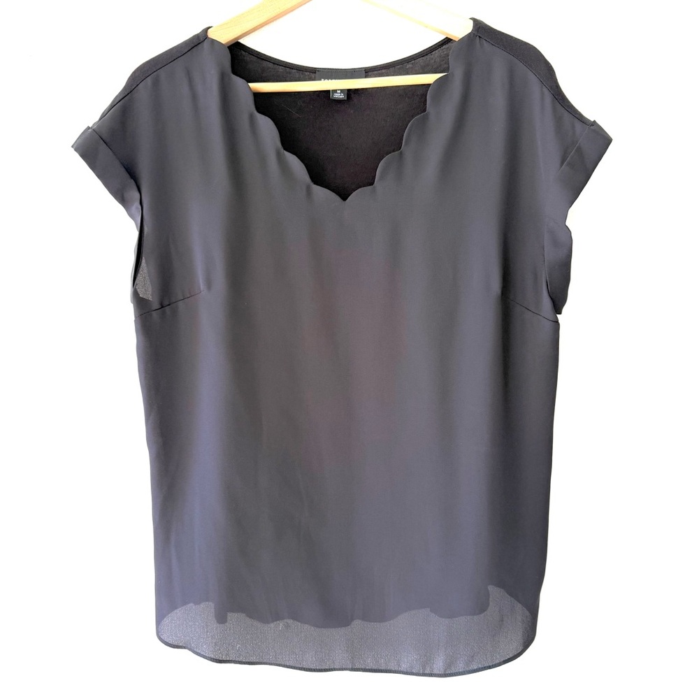 Fortune + Ivy Black Scalloped Neckline Mixed Material Sheer Front Blouse